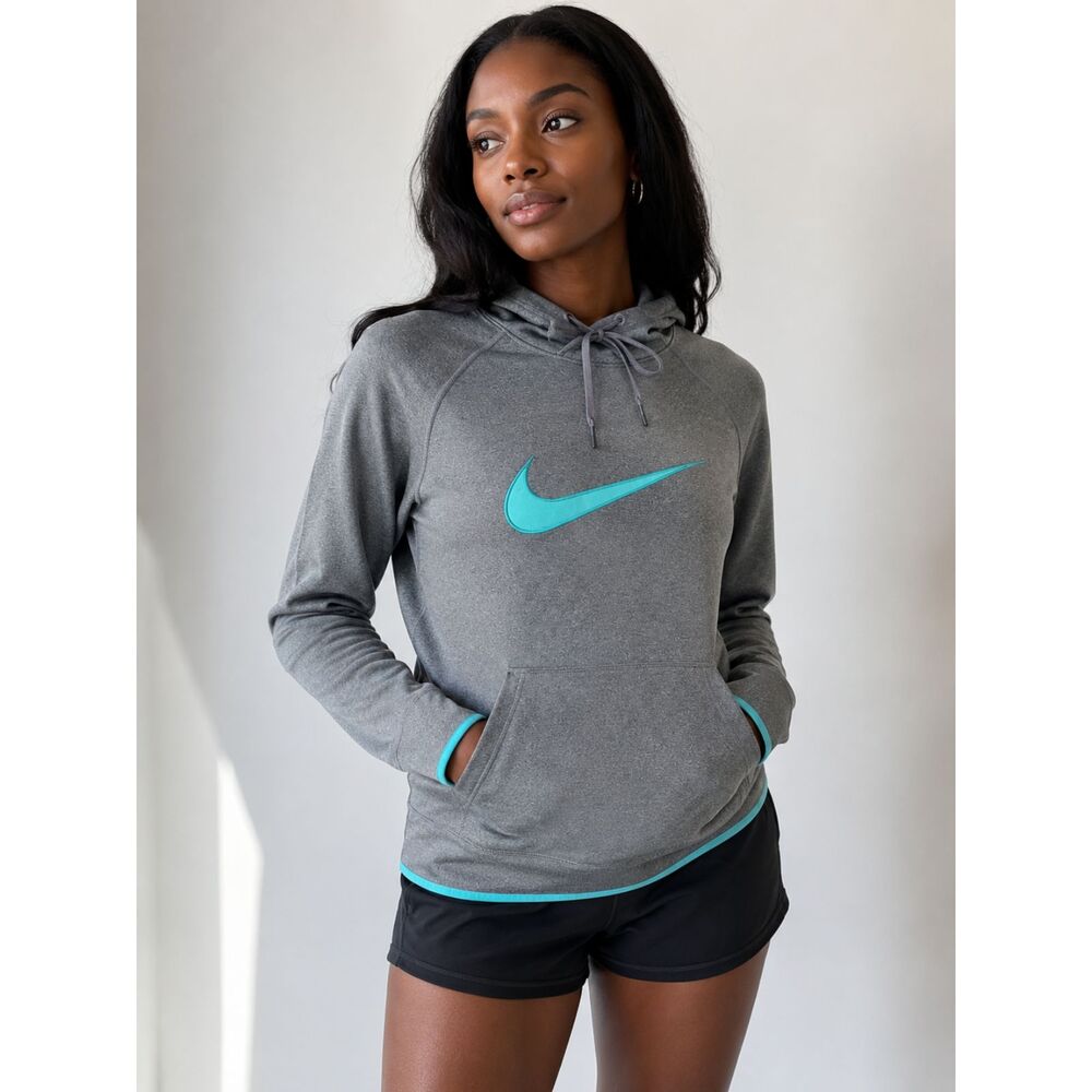 Nike Therma-FIT Heather Grey Teal Embroidered Swoosh Hoodie Size M